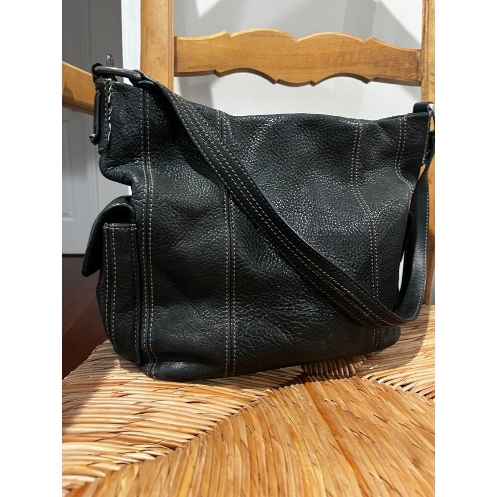 Vintage Fossil Black Leather Pebbled Boho Shoulder Bag
